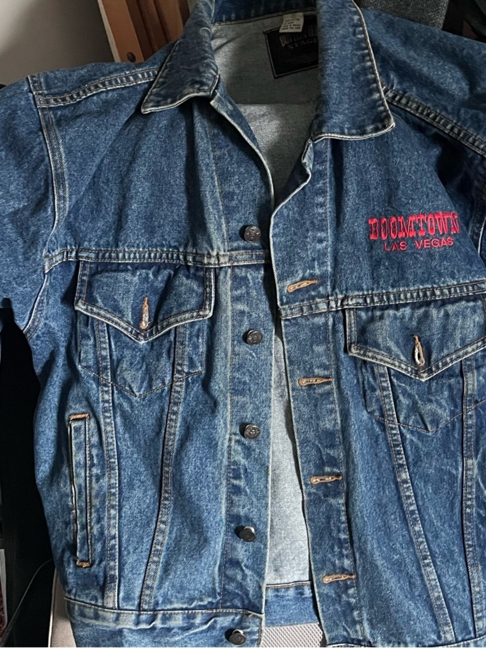 Butter Denim Bomber Jacket in Blue with Pink Embroidery
